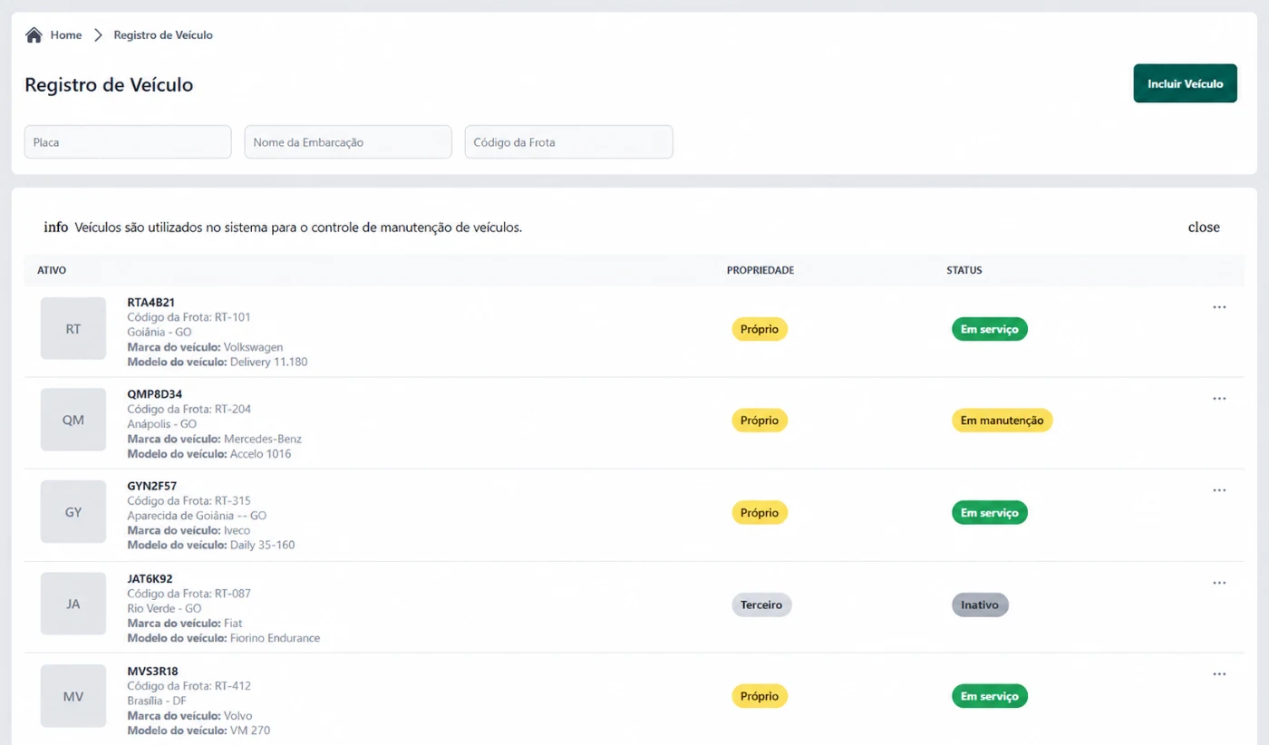 Tela de registro de veículos e ativos no sistema Movsee